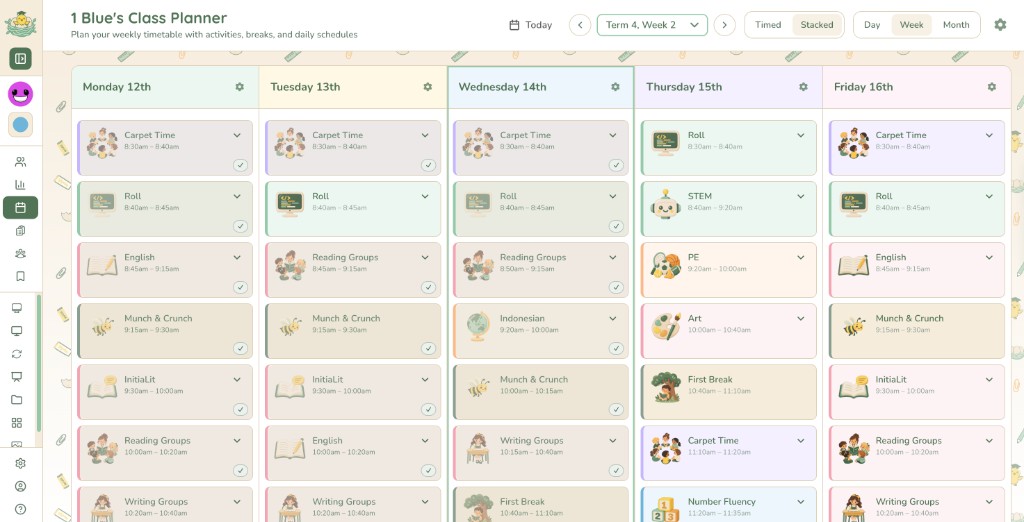 Class Nest weekly planner, class screen, and teaching tools shown on a laptop.